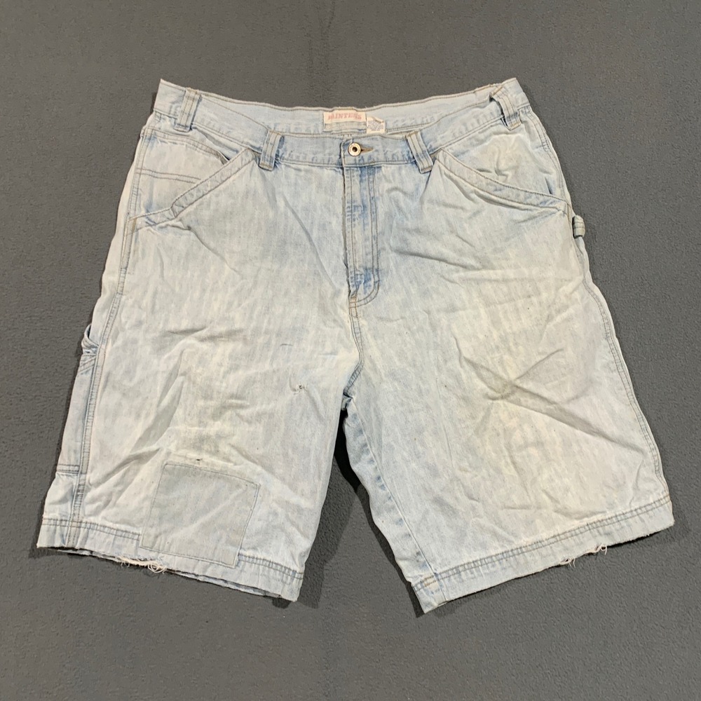 Old Navy Painters Mens 40 Light Wash Denim Carpenter Shorts Thrashed Grunge 90s